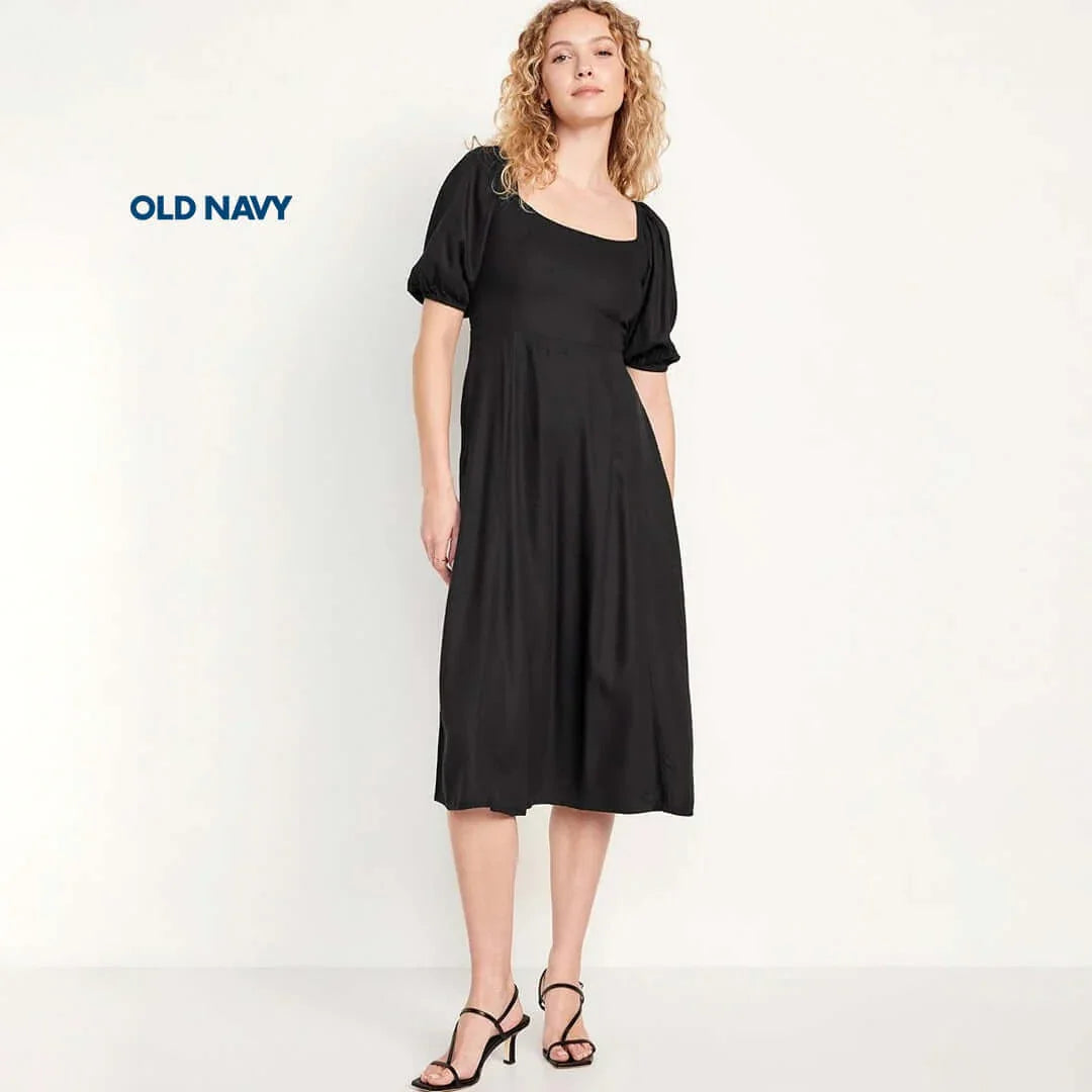 Old Navy black fit and flare crepe midi dress, featuring short puff sleeves and stylish design.