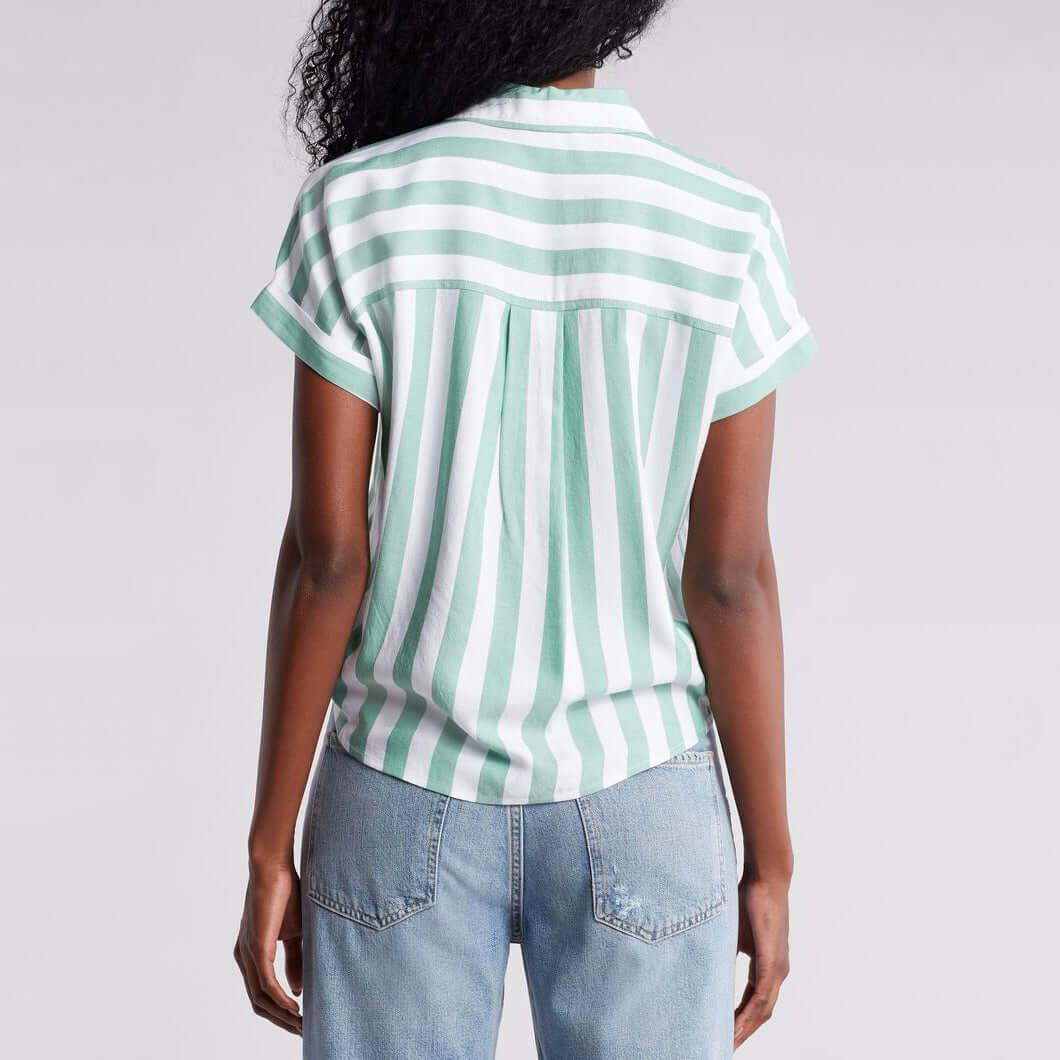 Back view of Rosie Cabana Stripe Button-Up Shirt in Parakeet green, featuring a relaxed fit and green and white stripes.
