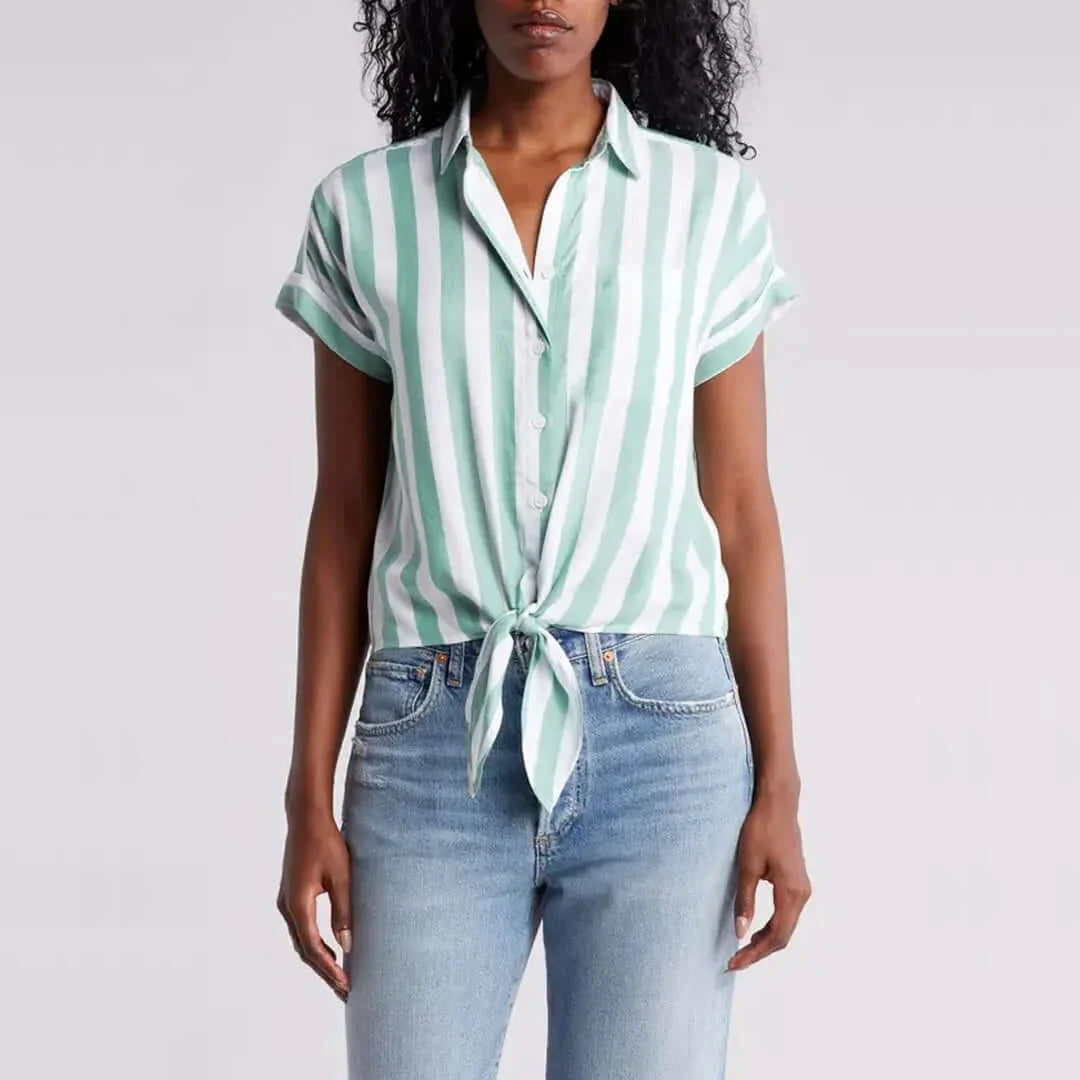 Rosie Cabana Stripe Button-Up Shirt in Parakeet green, featuring a tied front and stylish stripes, perfect for casual wear.