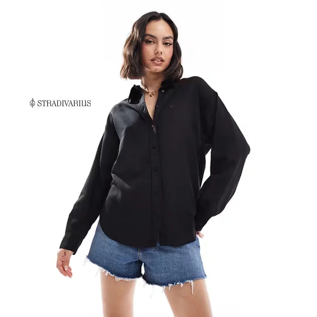 قميص نسائي بليند لينن أسود من Stradivarius