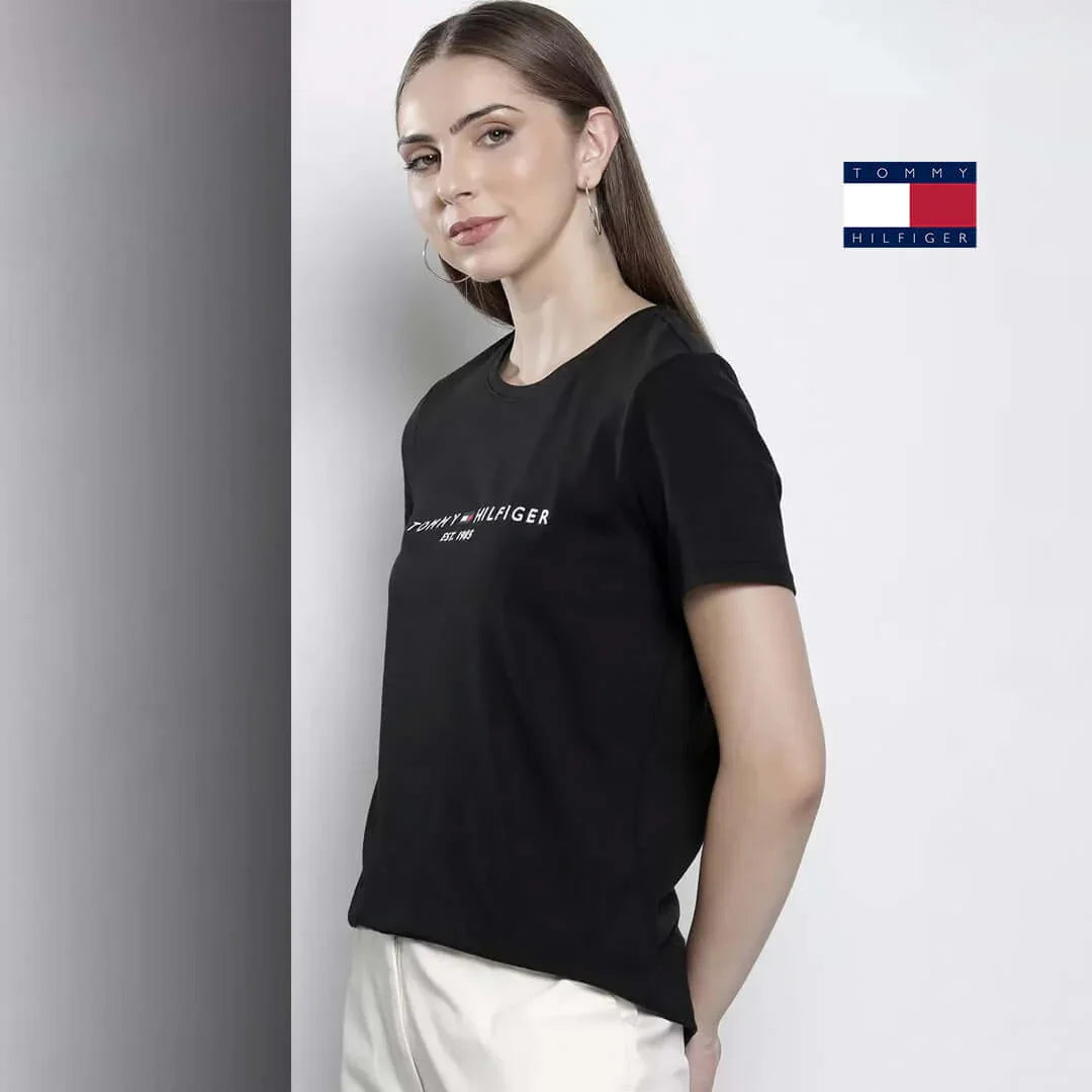 Tommy Hilfiger logo cotton t-shirt for women, featuring a sleek black design and stylish fit.