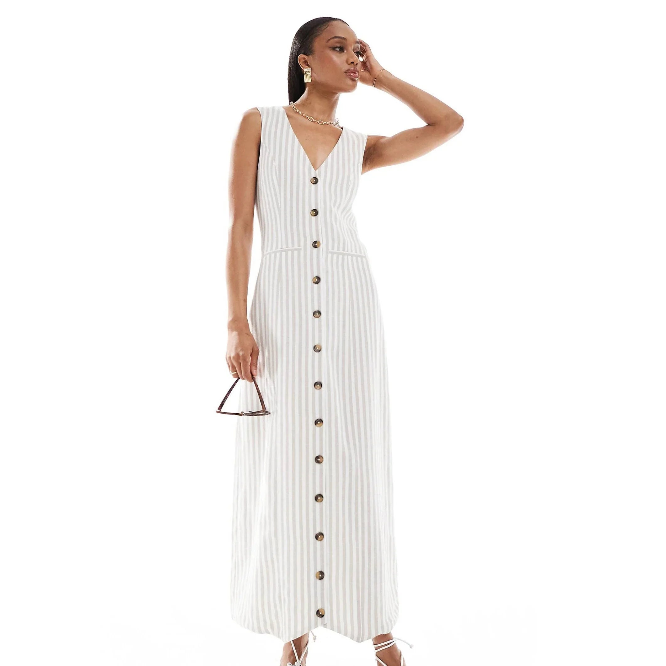 فستان طويل من اللينين - أبيض