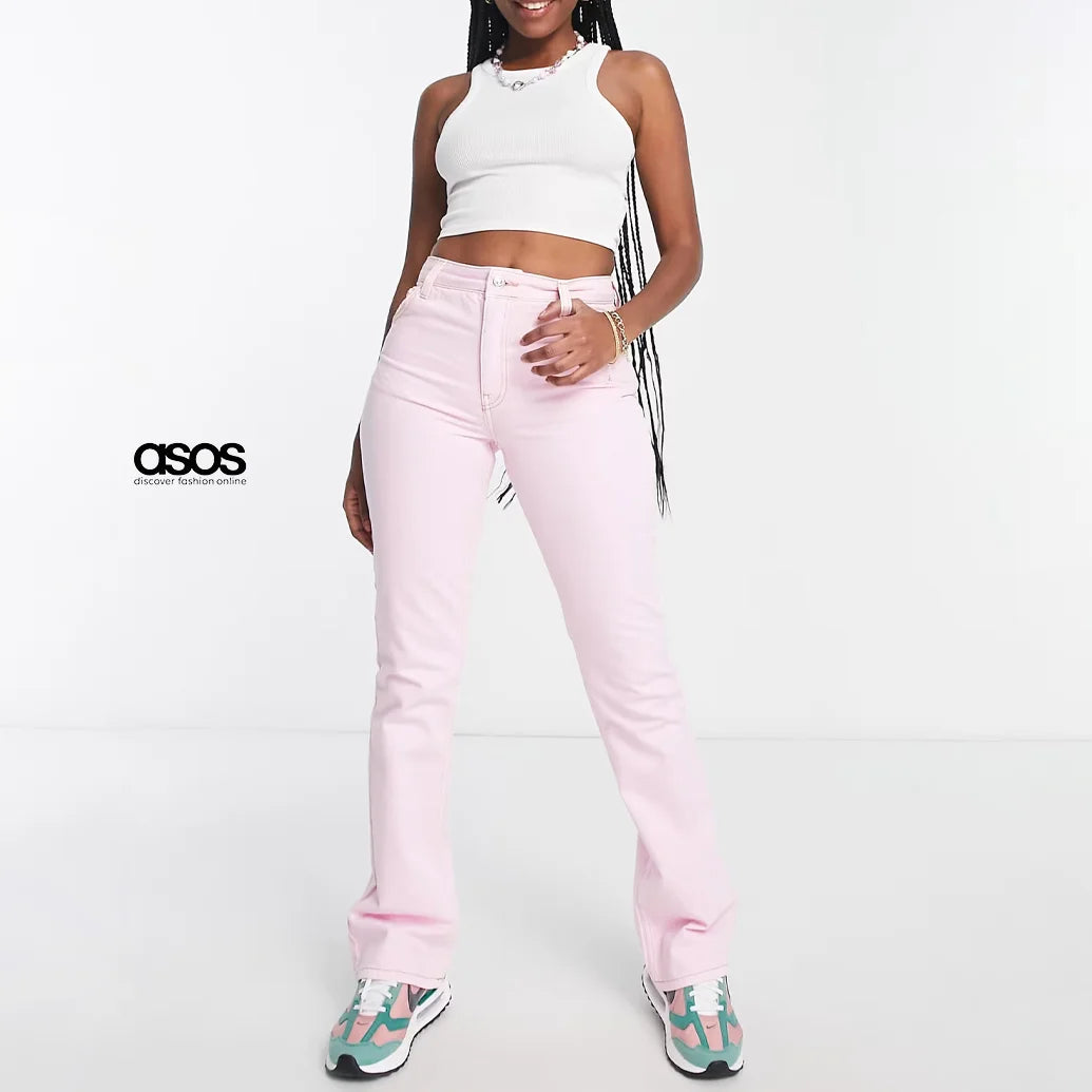 بنطال جينز نسائي بقصّة Hourglass Flare من ASOS DESIGN باللون الوردي كوزمو
