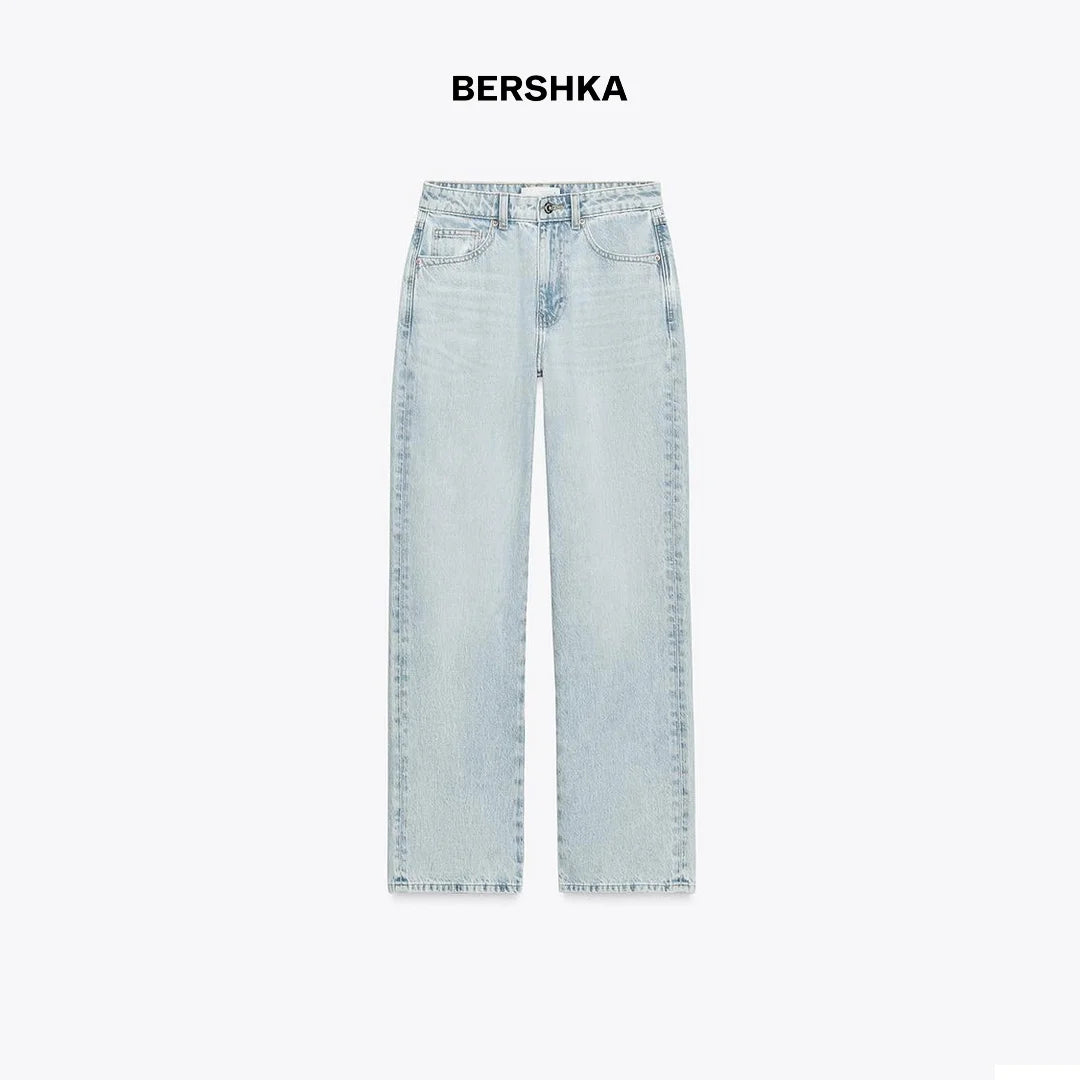 بنطال جينز Bershka بقصّة ريغولار فيت وخصر عالٍ وطول طويل