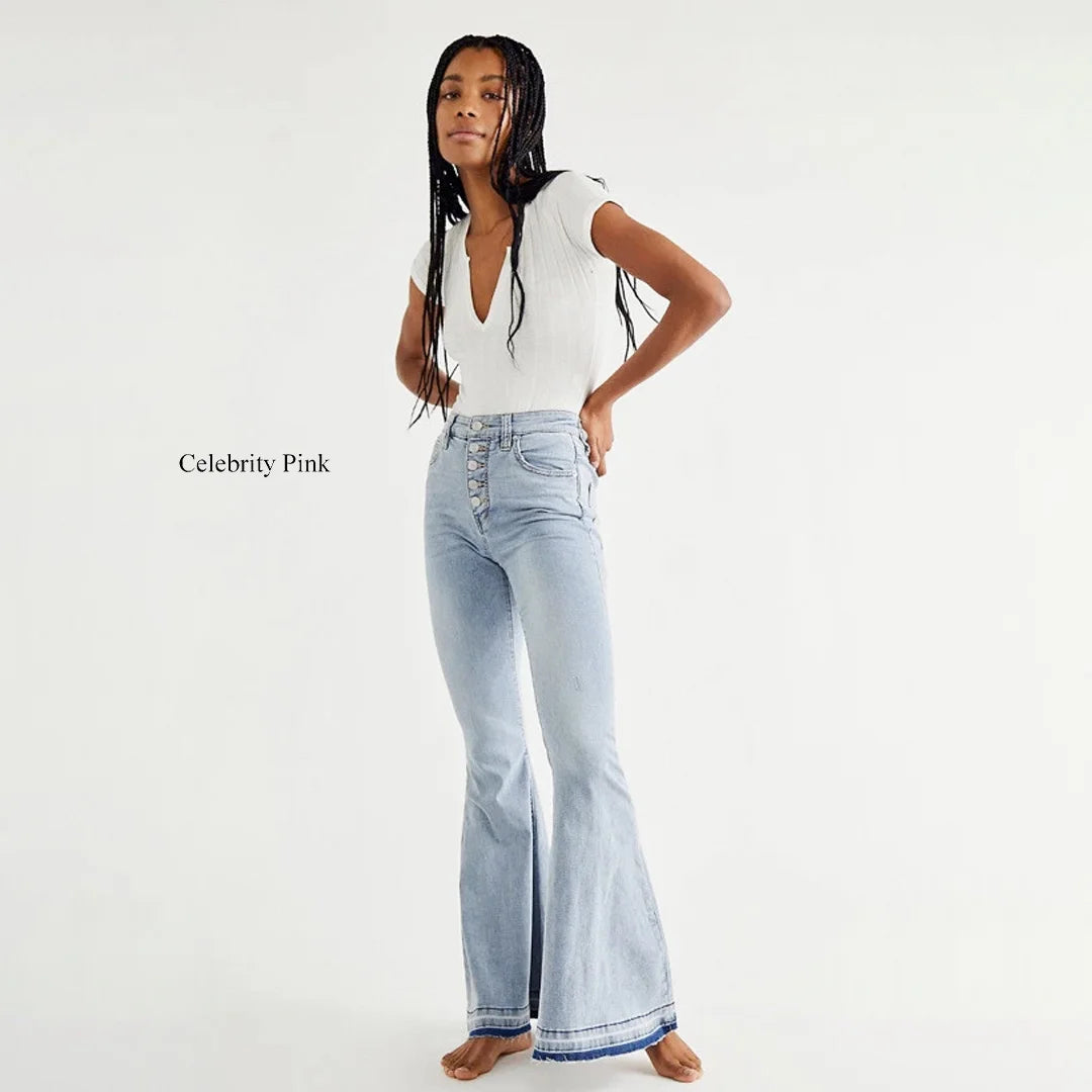 بنطال جينز واسع من celebrity pink بلون أزرق كينت – تصميم Flare مع حافة خام وأزرار أمامية