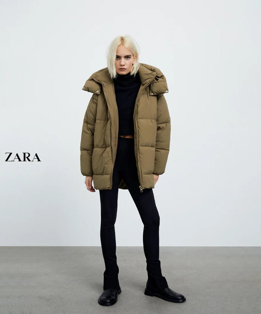 جاكيت نسائي مبطن بقبعة من Zara – بلون تاوب أنيق