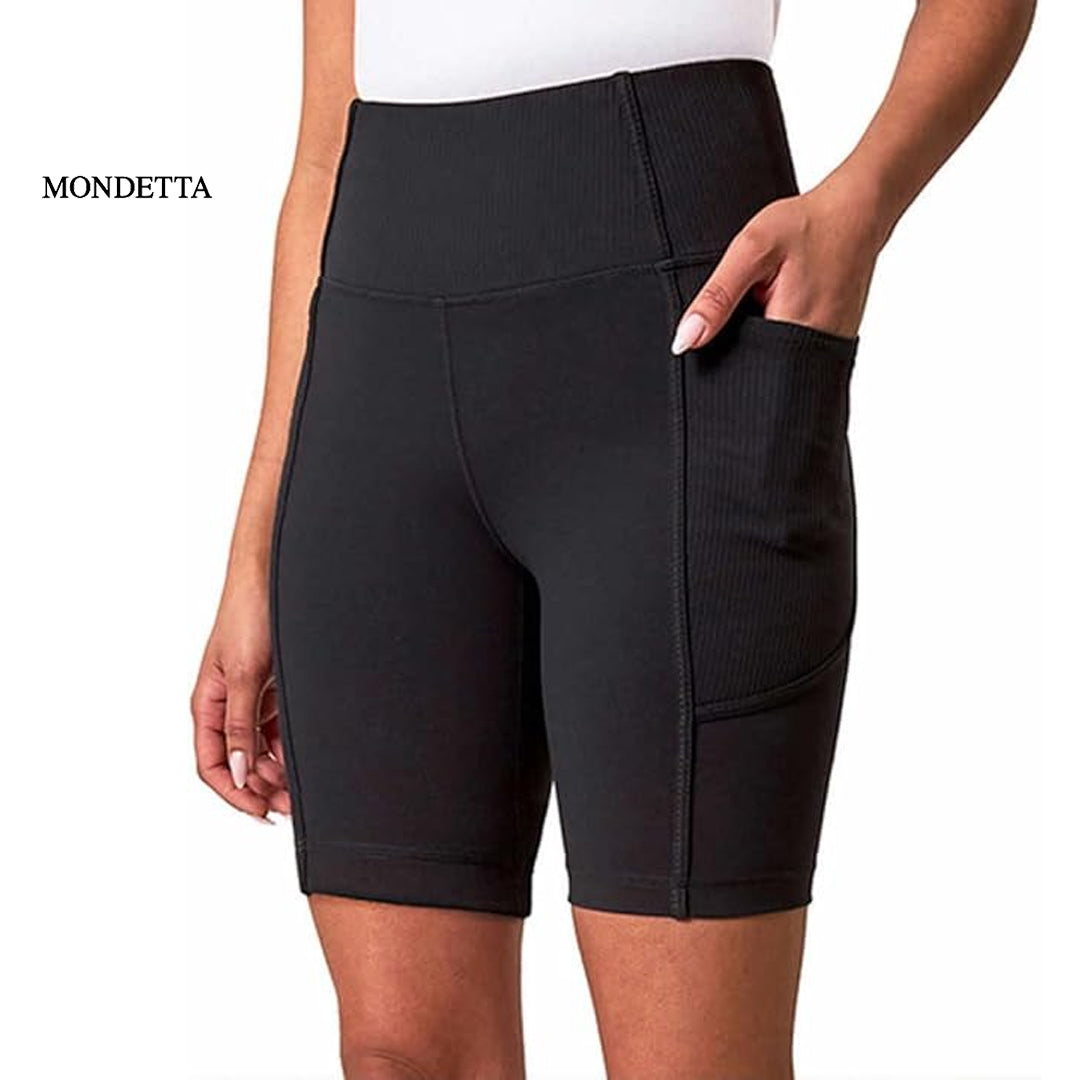 Ribbed shorts laid flat showing pocket details