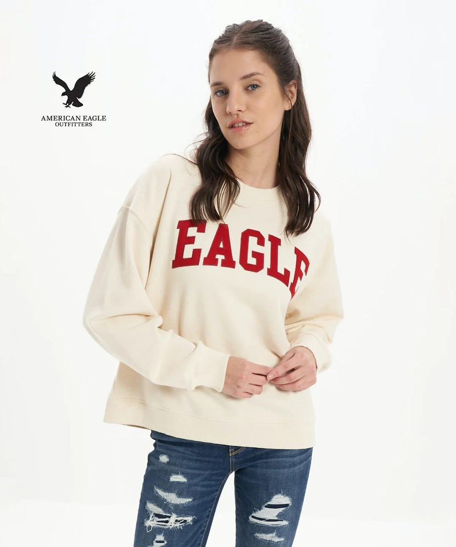 سويت شيرت نسائي أبيض بياقة مستديرة مع طباعة من American Eagle