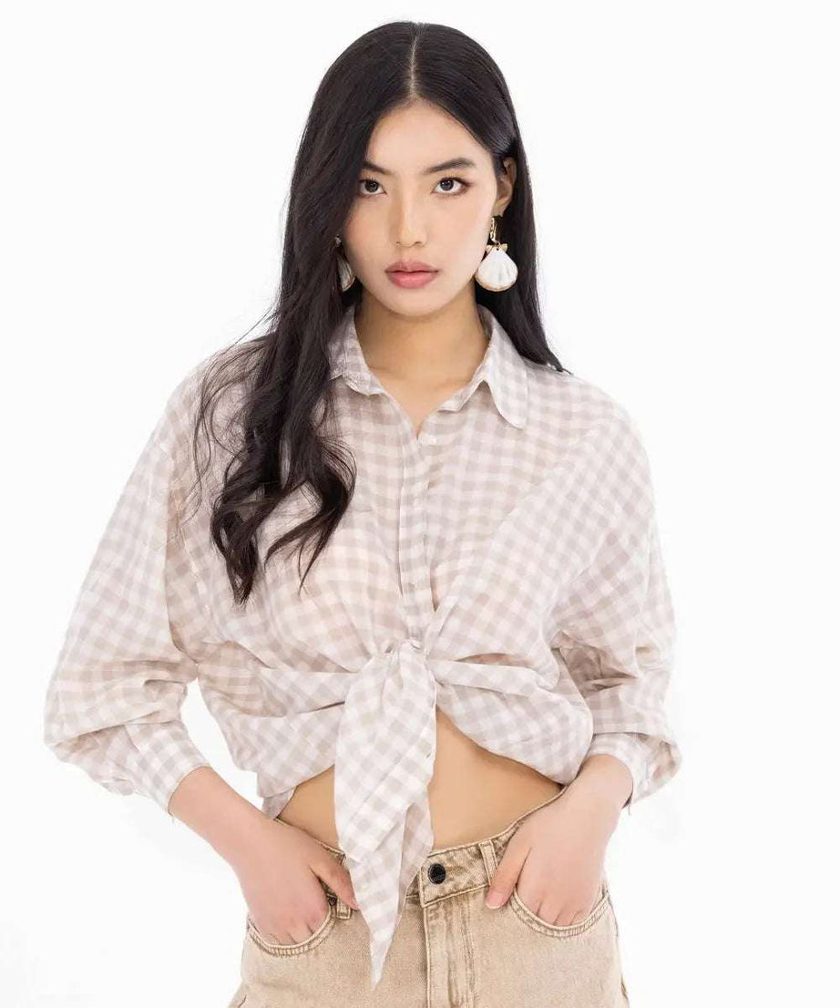 Relaxed Fit Chickened Low-Sleeve Shirt | قميص بكم قصير بتصميم مريح ونقشة مربعات