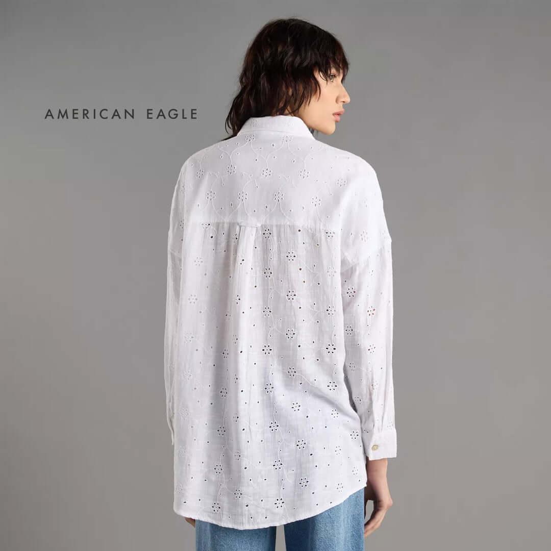 Back view of American Eagle loose fit eyelet shirt, featuring delicate embroidery in a stylish oversized design.