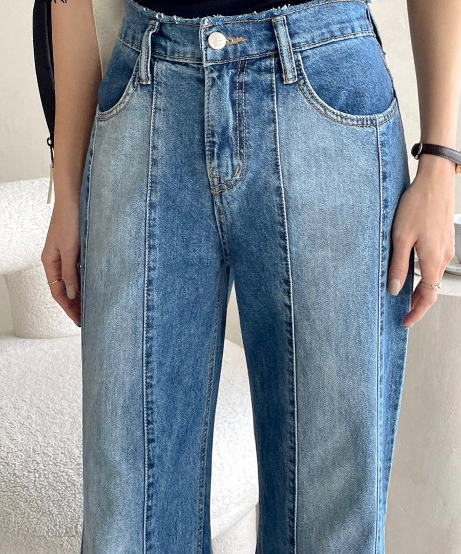 بنطلون جينز نسائي واسع بستايل كوري وتفصيل بلونين