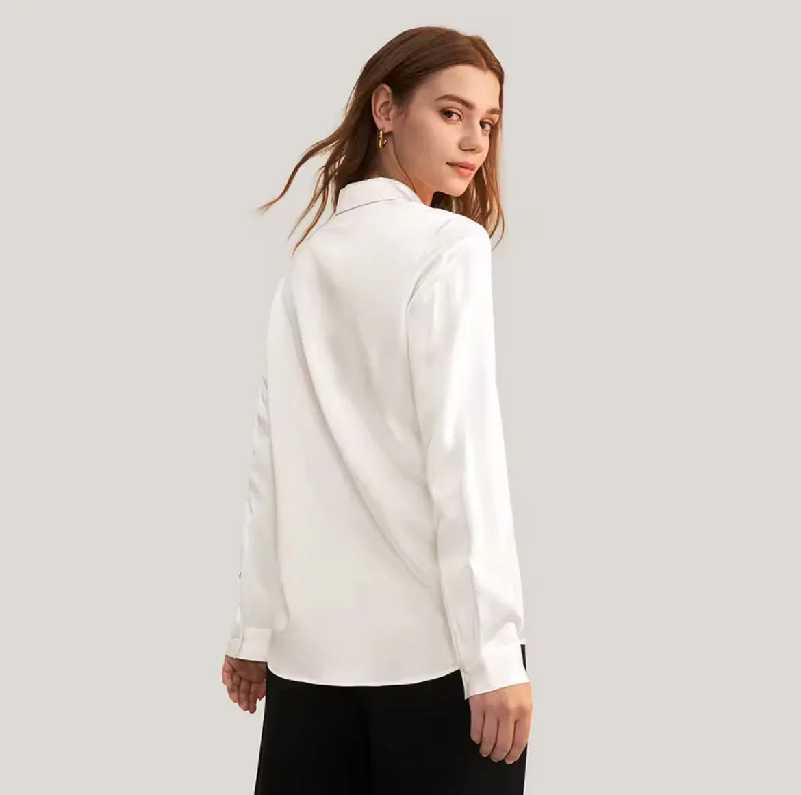 Silk Charmeuse Shirt – Elegant Long Sleeve  قميص حرير ناعم – أكمام طويلة أنيقة ومخ