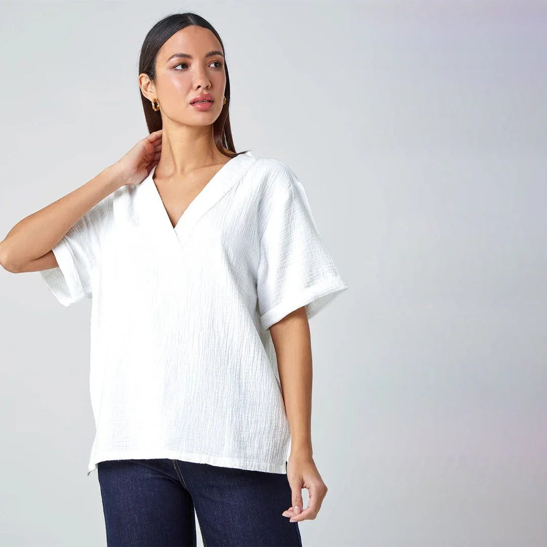 Ivory Linen V-Neck T-Shirt