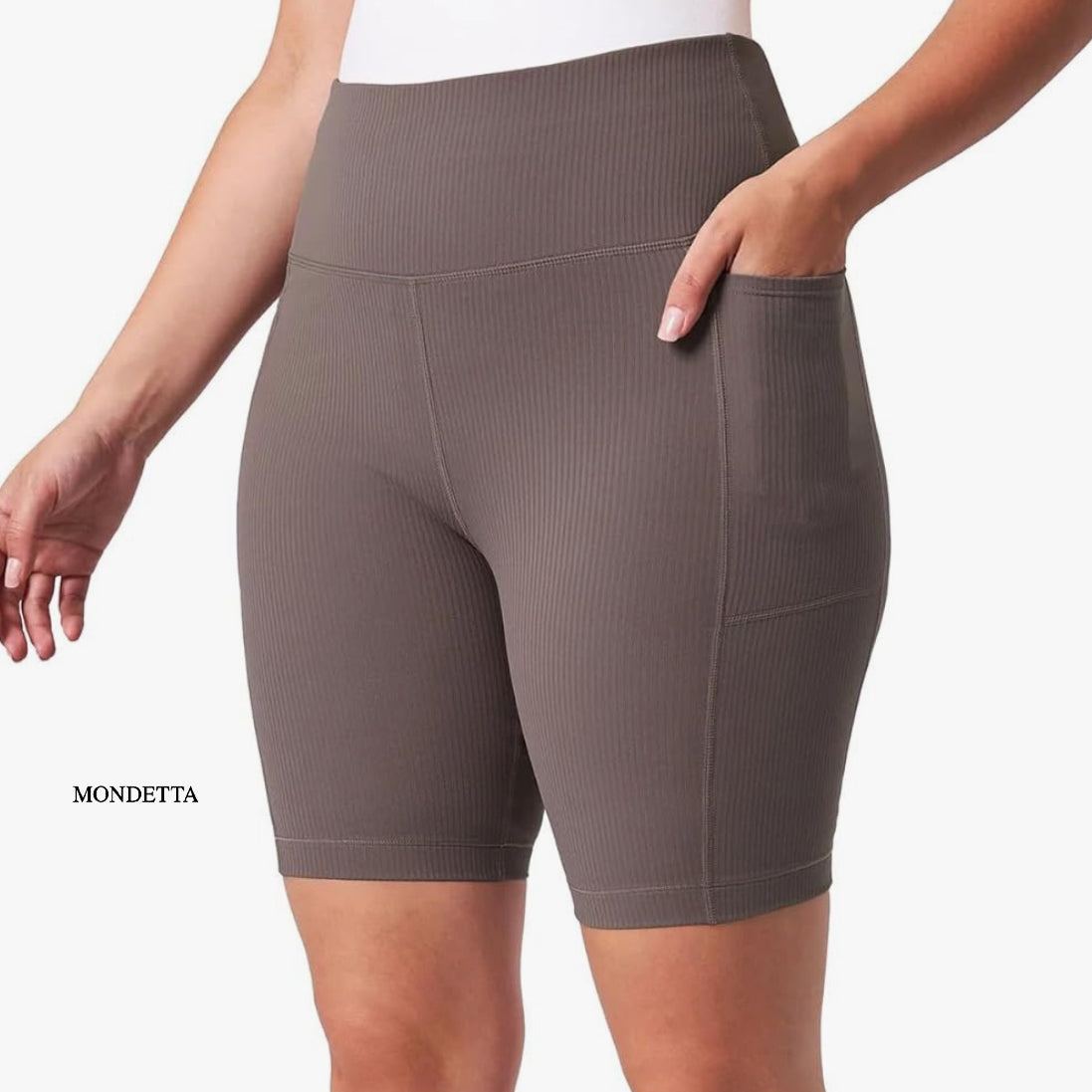Mondetta Women's Ribbed High-Waist Shorts with Hidden Pockets – Comfortable &amp; Stylish Activewear