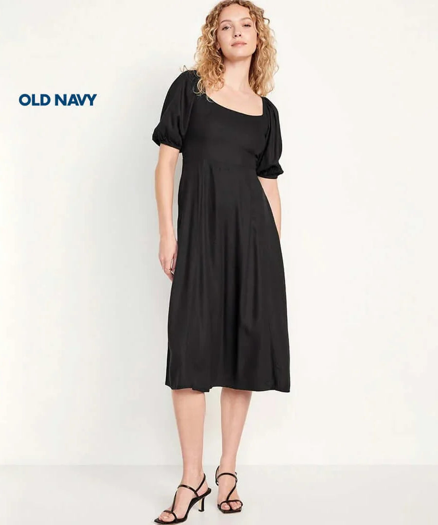Old Navy black fit and flare crepe midi dress, featuring short puff sleeves and stylish design.