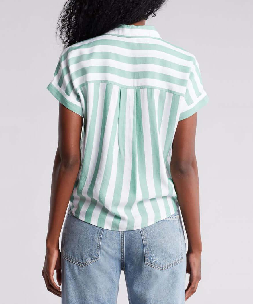 Back view of Rosie Cabana Stripe Button-Up Shirt in Parakeet green, featuring a relaxed fit and green and white stripes.