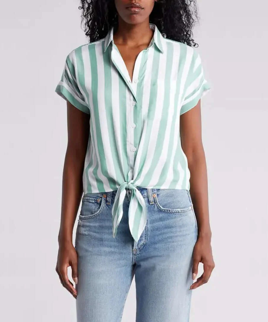 Rosie Cabana Stripe Button-Up Shirt in Parakeet green, featuring a tied front and stylish stripes, perfect for casual wear.