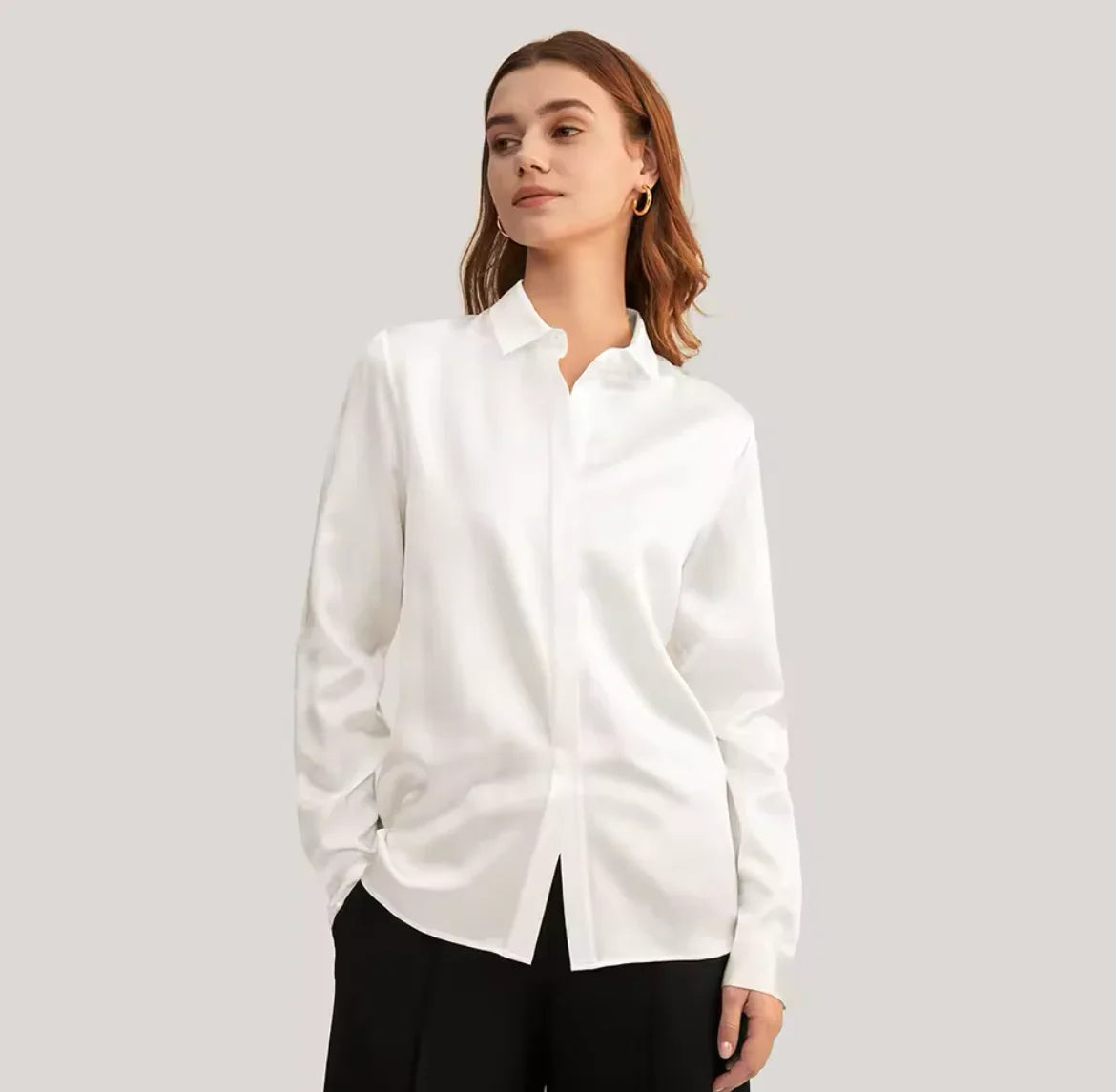 Silk Charmeuse Shirt – Elegant Long Sleeve  قميص حرير ناعم – أكمام طويلة أنيقة ومخ