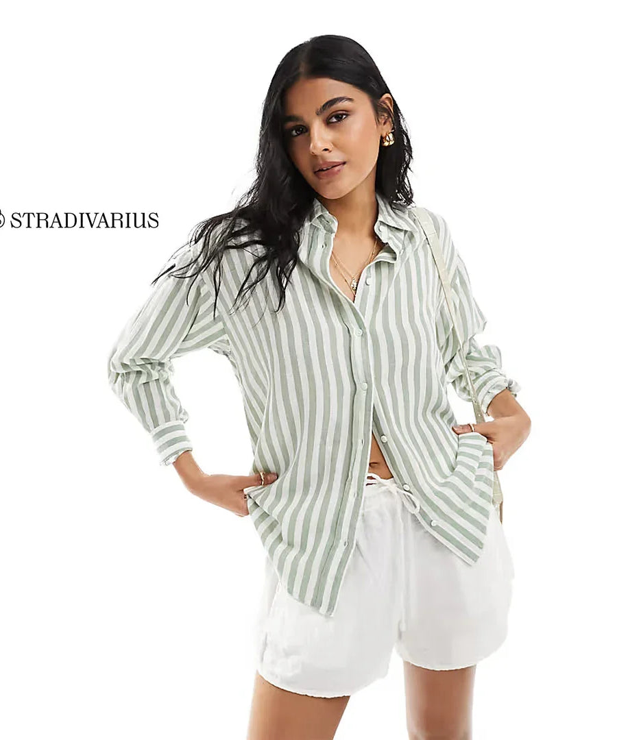 Stradivarius Relaxed Fit Linen-Look Stripe Shirt – Light Green
