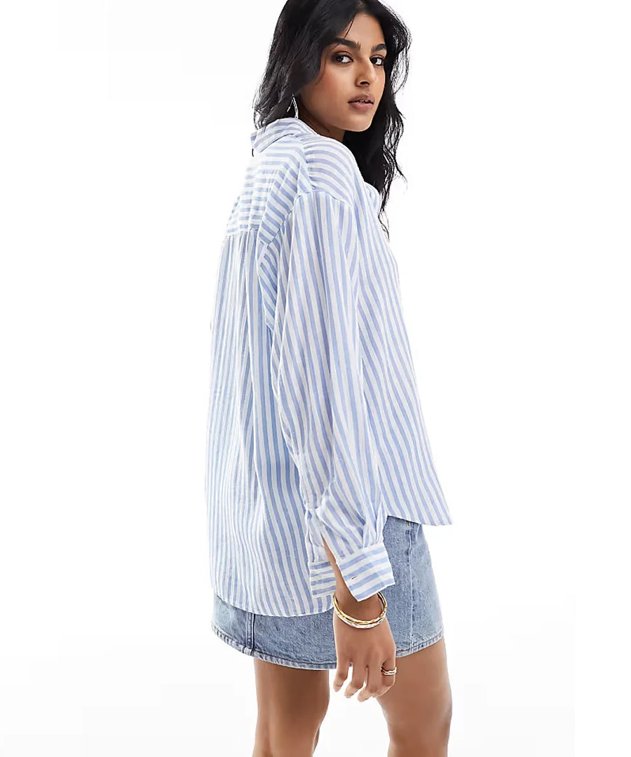 Stradivarius Linen-Style Stripe Shirt – Light Blue