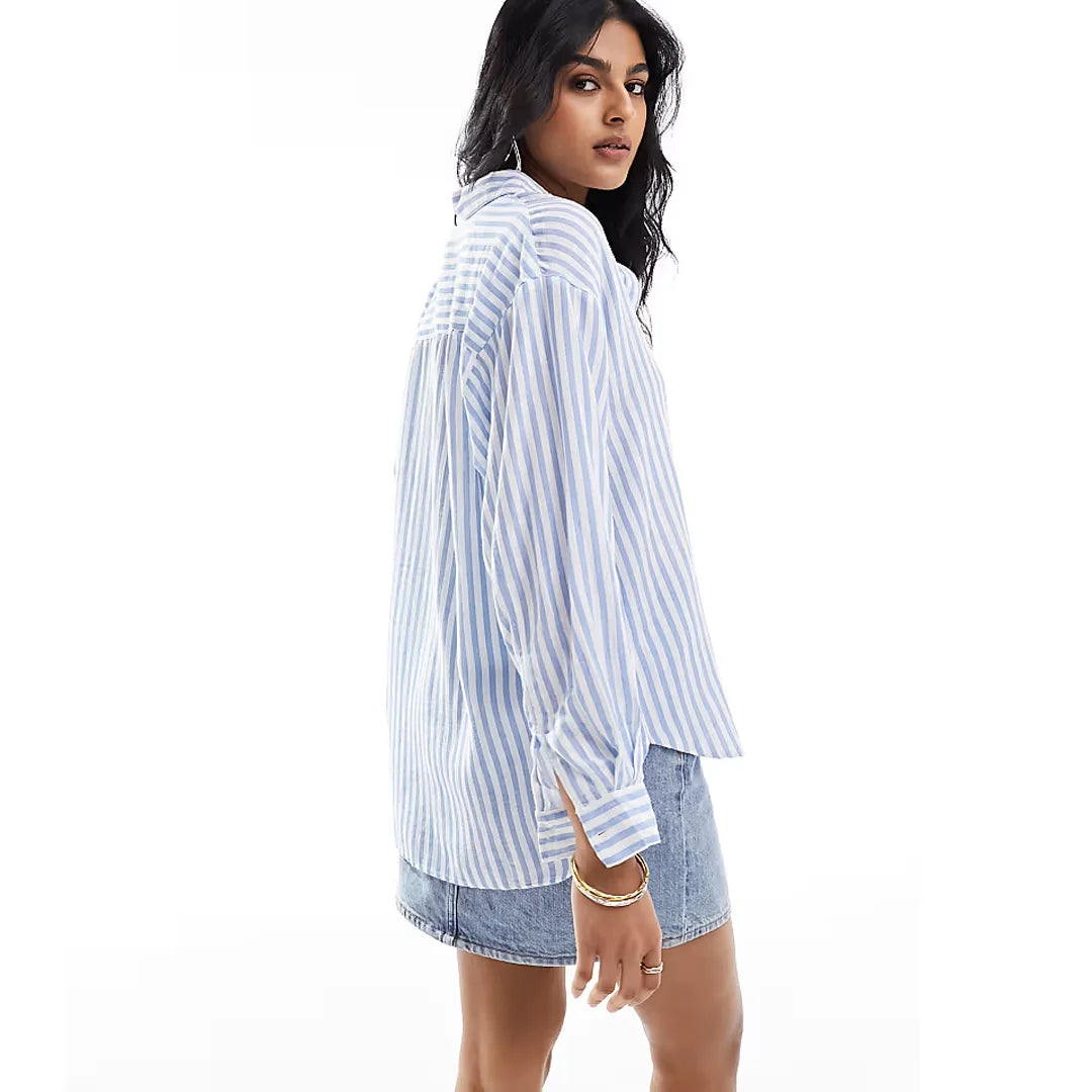 Stradivarius Linen-Style Stripe Shirt – Light Blue