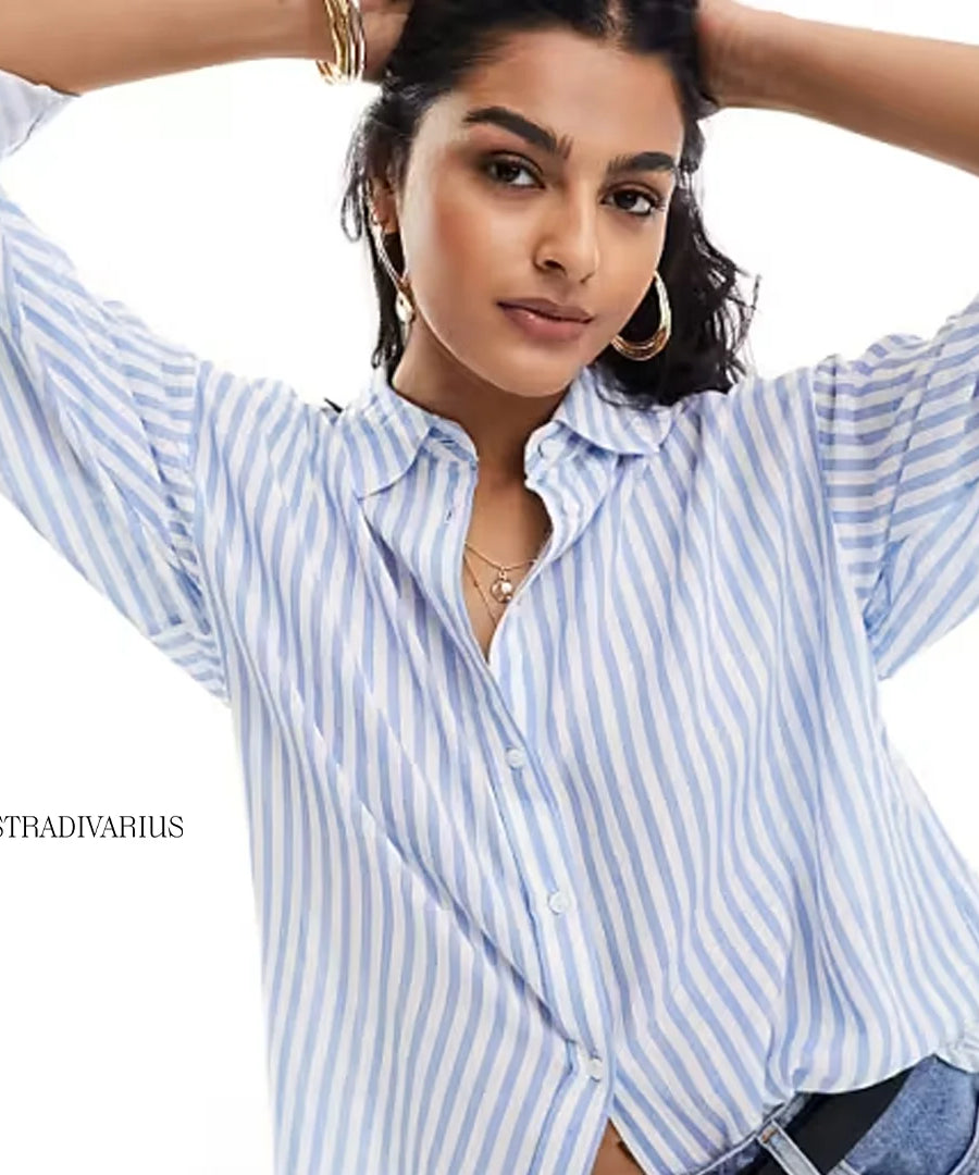 Stradivarius Linen-Style Stripe Shirt – Light Blue