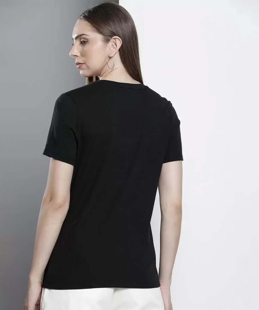 Back view of a black Tommy Hilfiger logo cotton t-shirt for women, showcasing its stylish design.