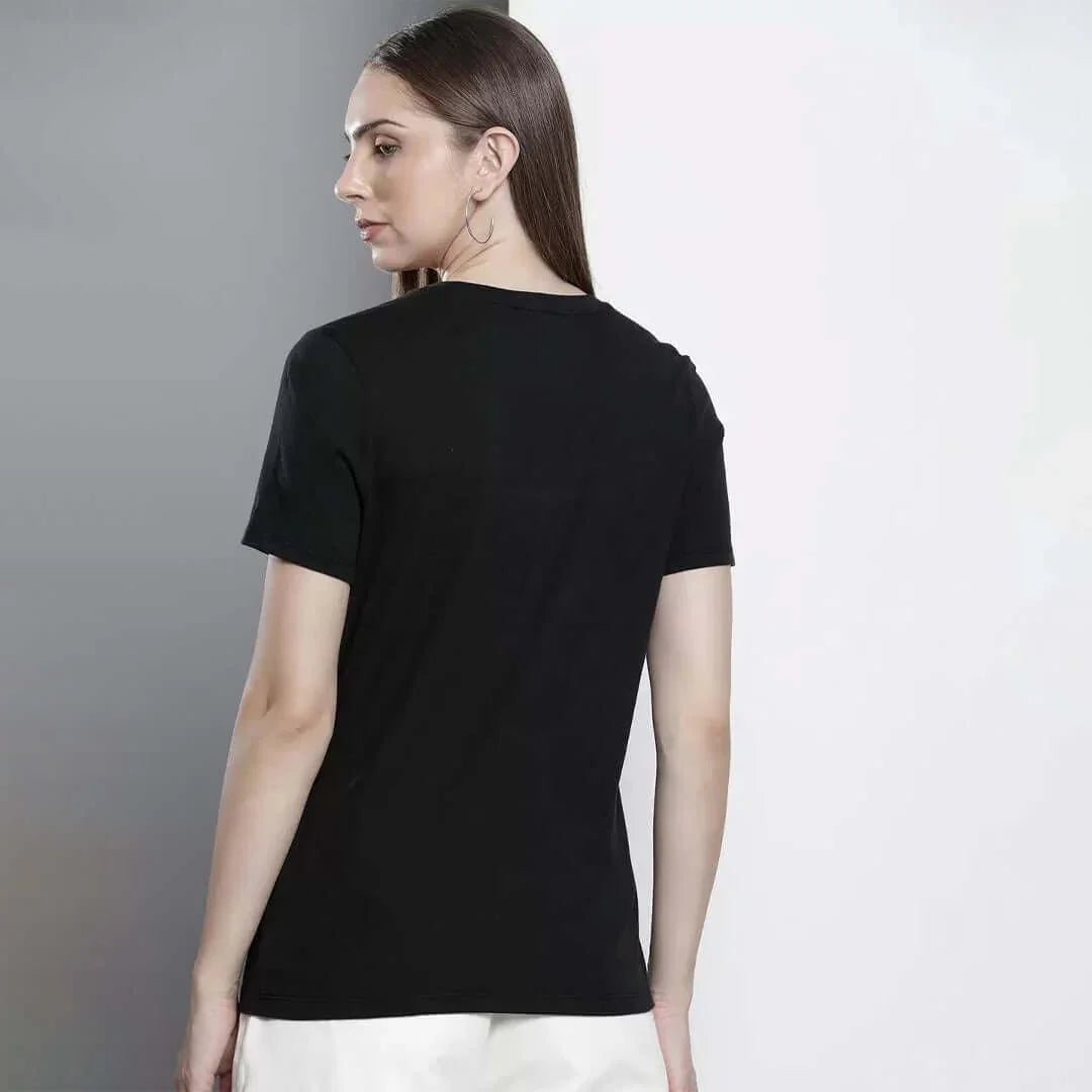 Back view of a black Tommy Hilfiger logo cotton t-shirt for women, showcasing its stylish design.