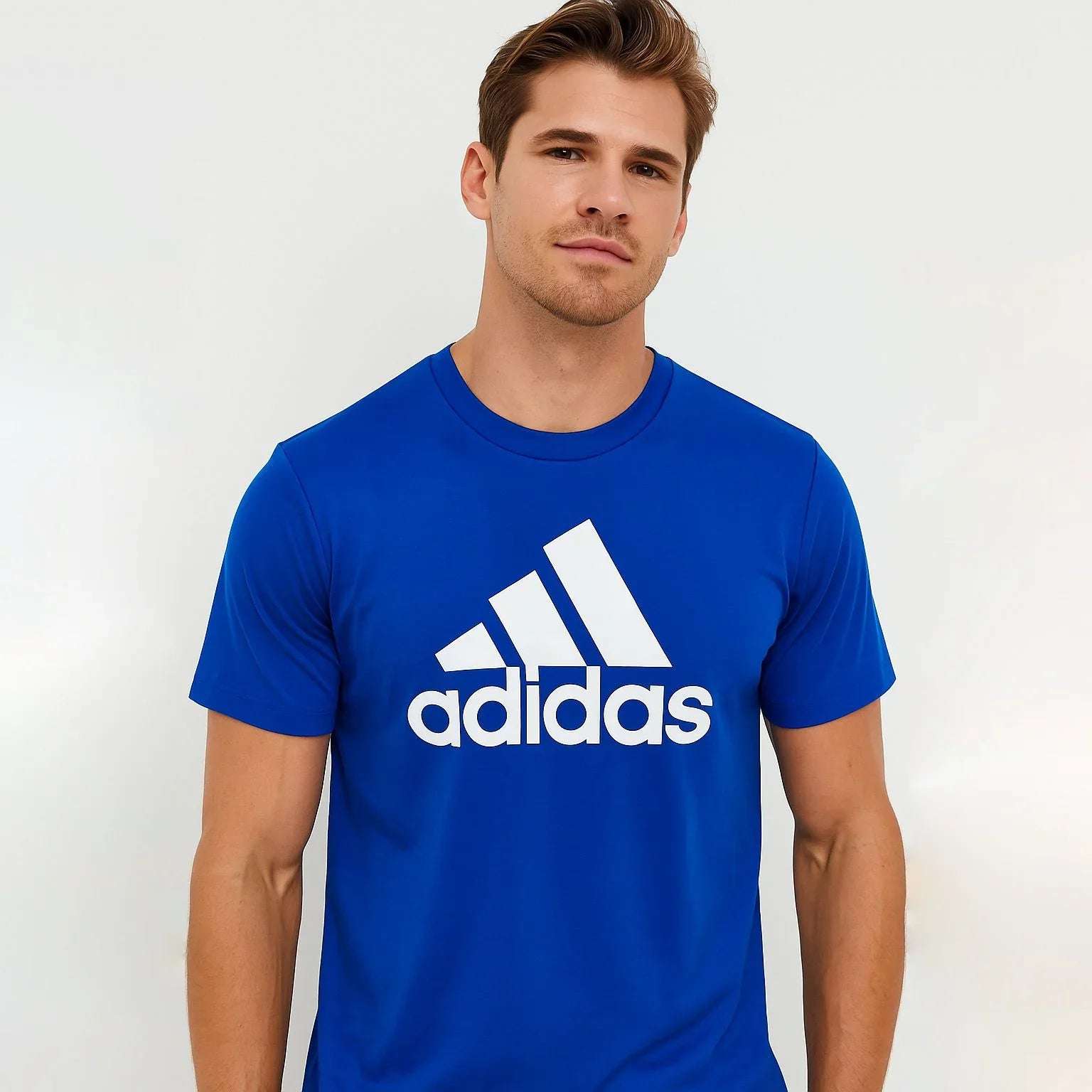 Close-up of fabric texture and ribbed crewneck of Adidas Badge Of Sport Classic T-Shirt
