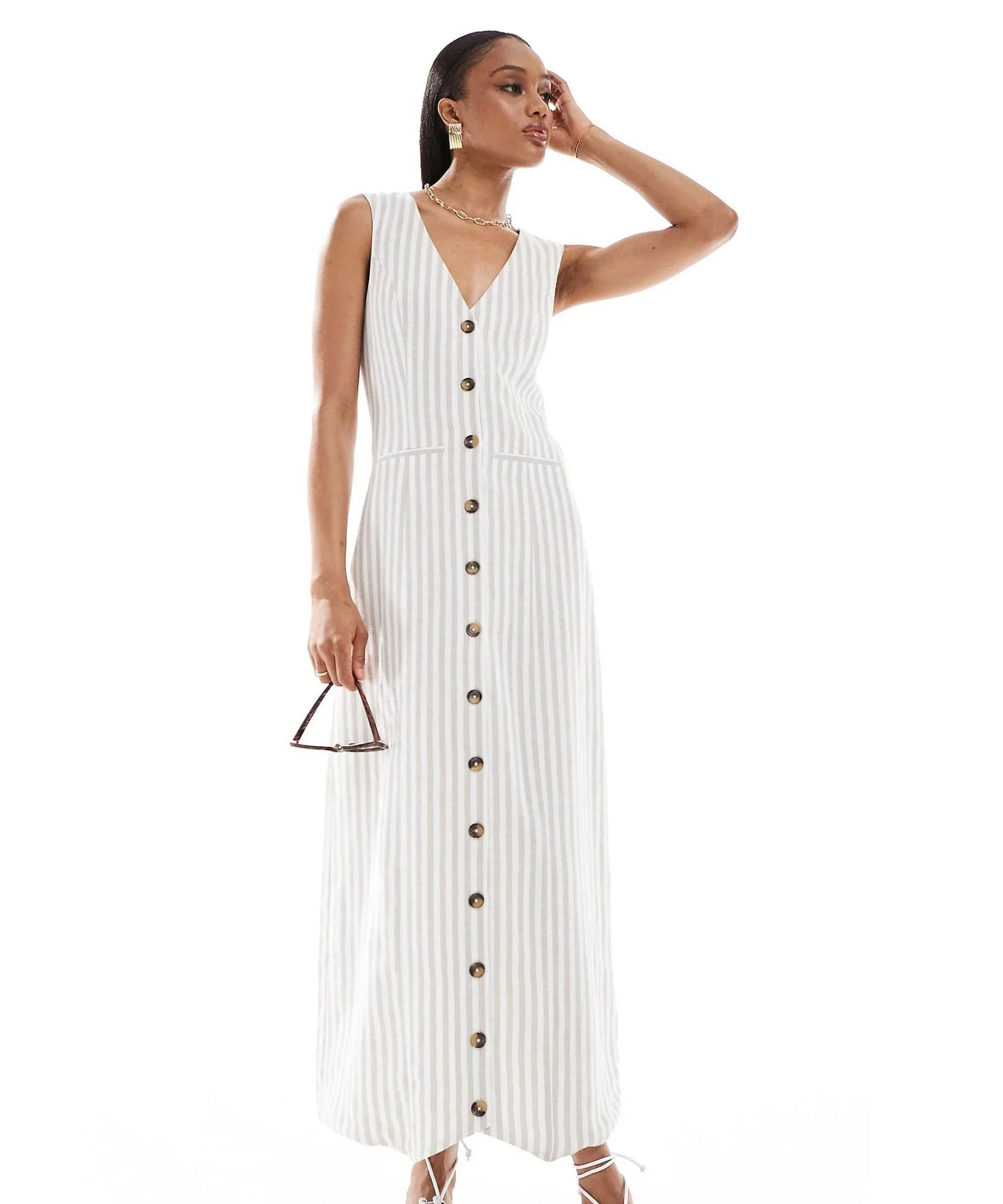 فستان طويل من اللينين - أبيض