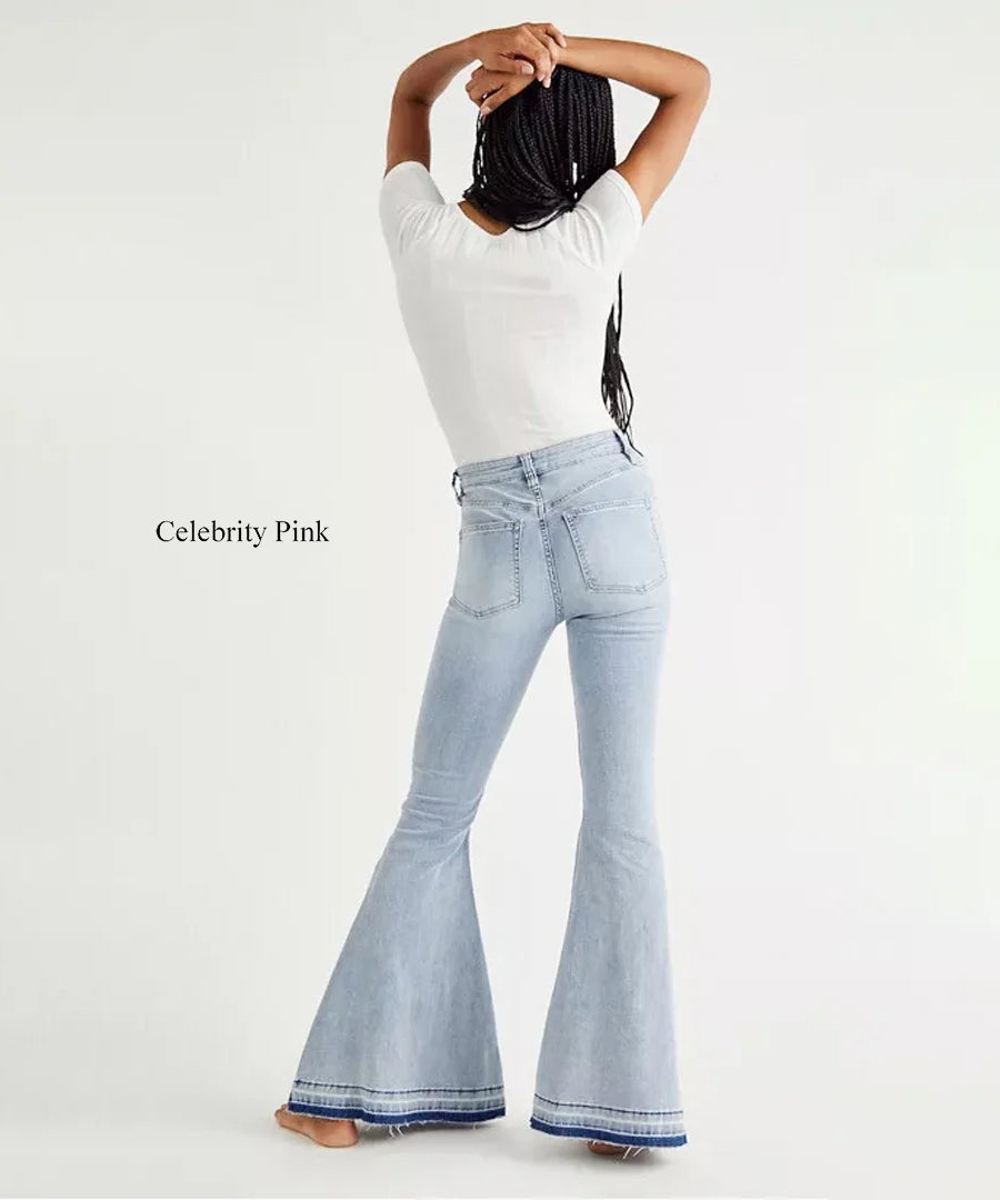 بنطال جينز واسع من celebrity pink بلون أزرق كينت – تصميم Flare مع حافة خام وأزرار أمامية