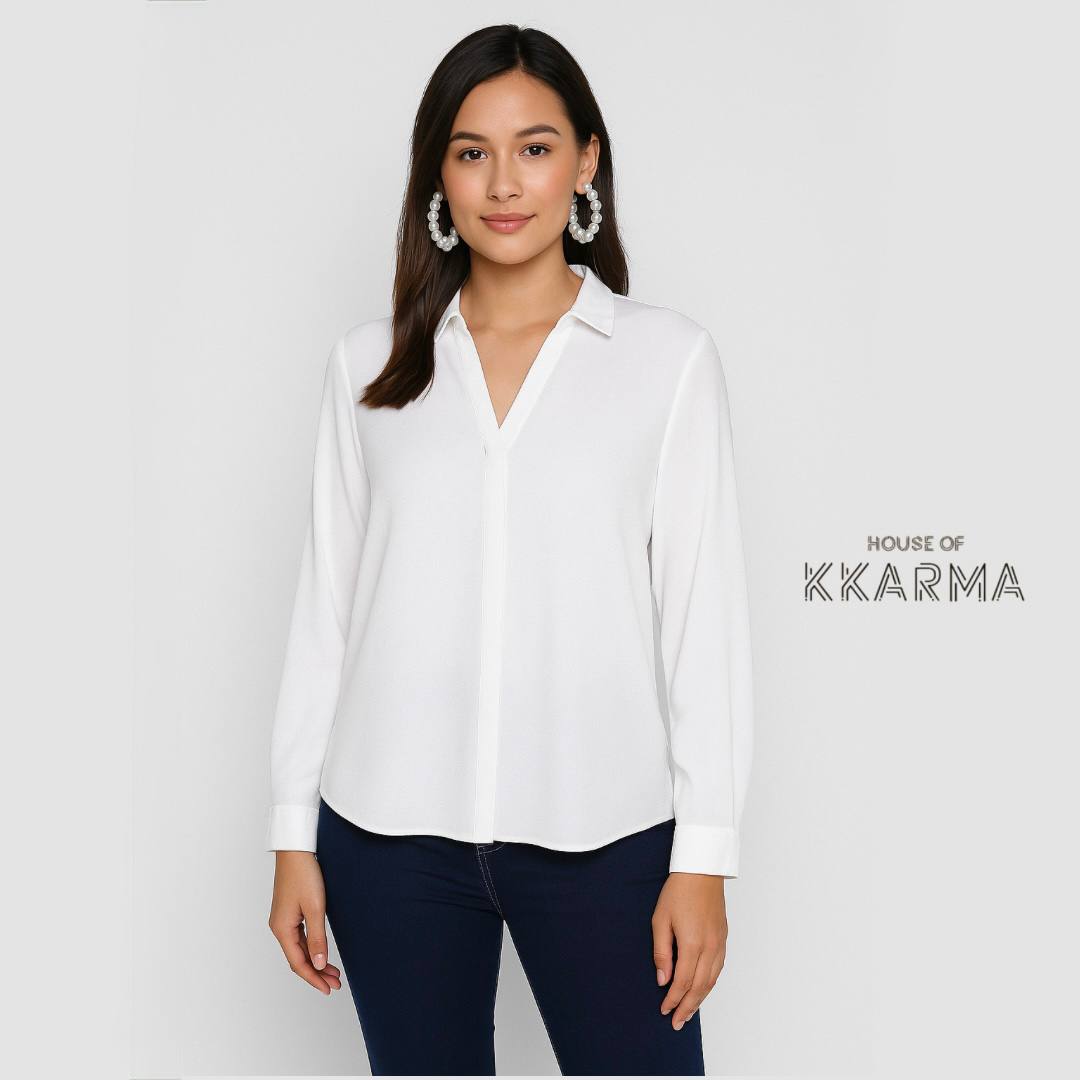 قميص نسائي أبيض بياقة V وأكمام طويلة من House of Kkarma