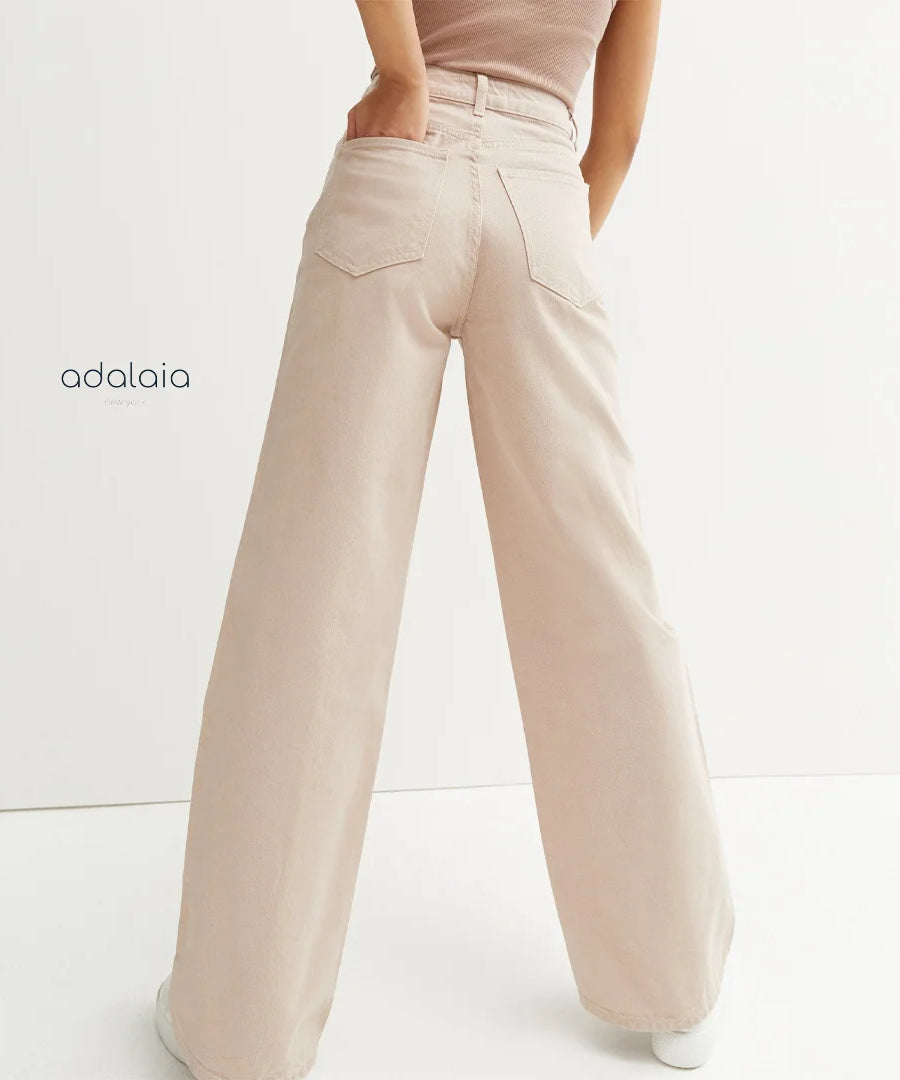 بنطال واسع الساق بخصر عالٍ بلون ستون – موديل Adalae