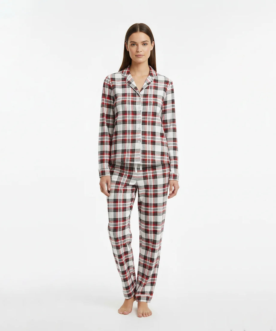 طقم بيجاما نسائي من قطعتين بنقشة كارو كلاسيكية – أبيض وأحمر