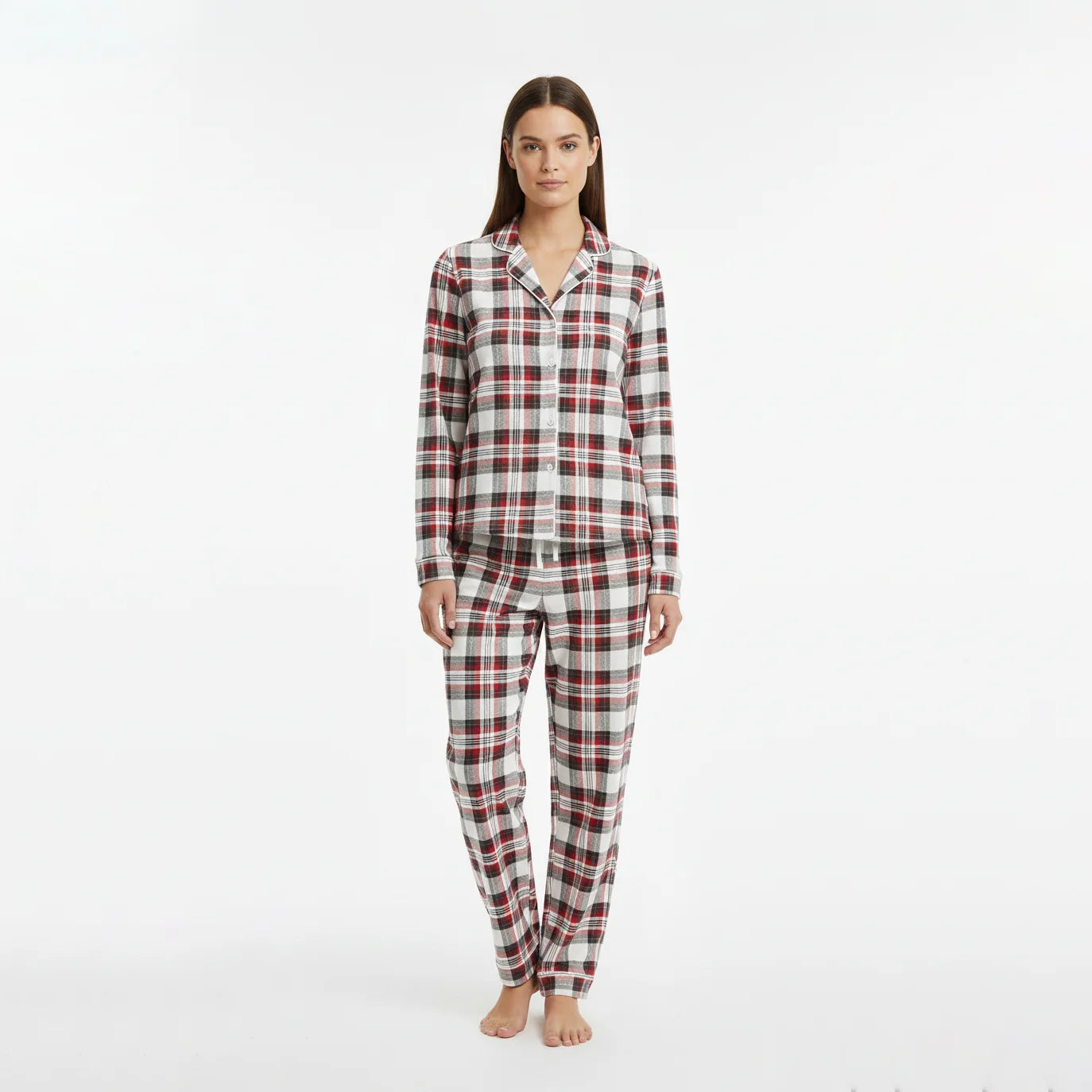 طقم بيجاما نسائي من قطعتين بنقشة كارو كلاسيكية – أبيض وأحمر