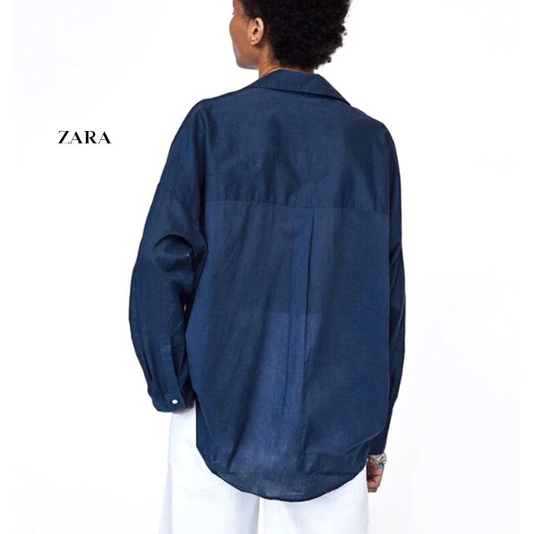 بلوزة Zara باللون الأزرق الداكن مع تطريز أبيض