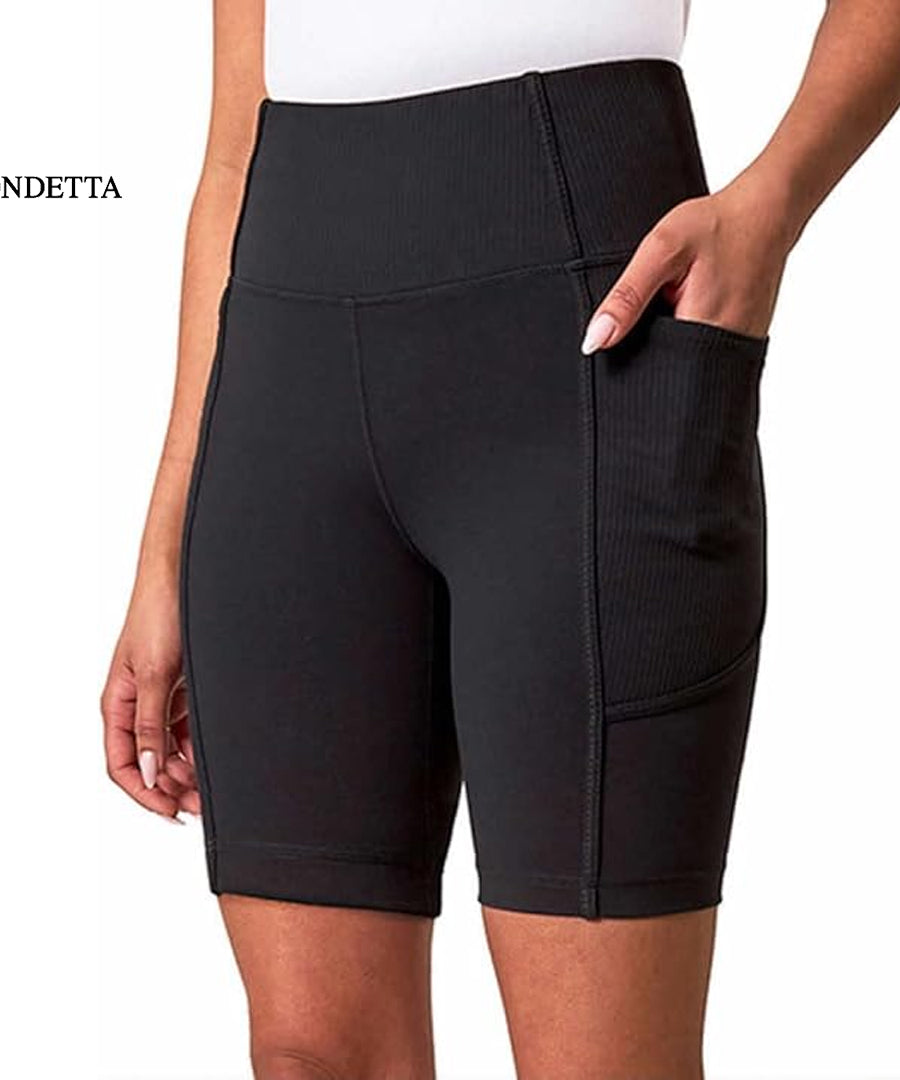 Ribbed shorts laid flat showing pocket details