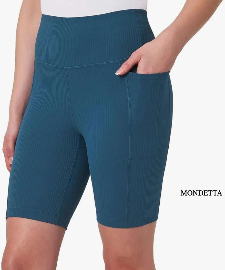 Front view of Mondetta ribbed bike shorts with pockets