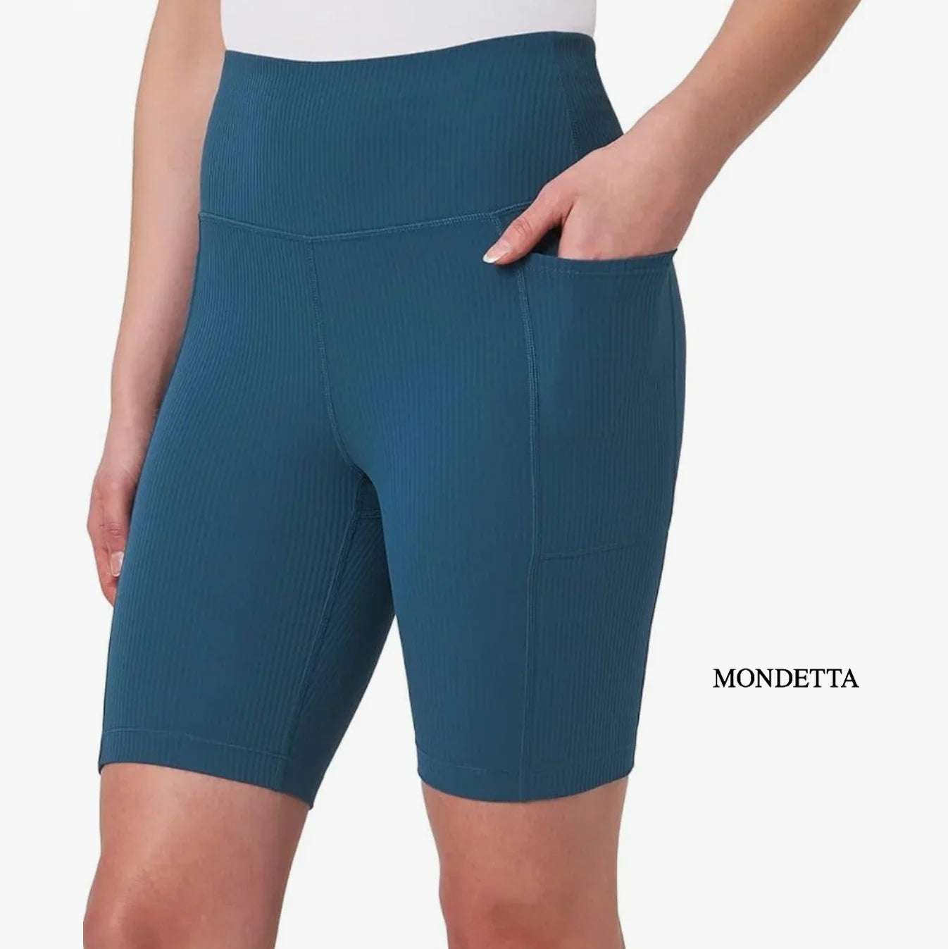 Front view of Mondetta ribbed bike shorts with pockets