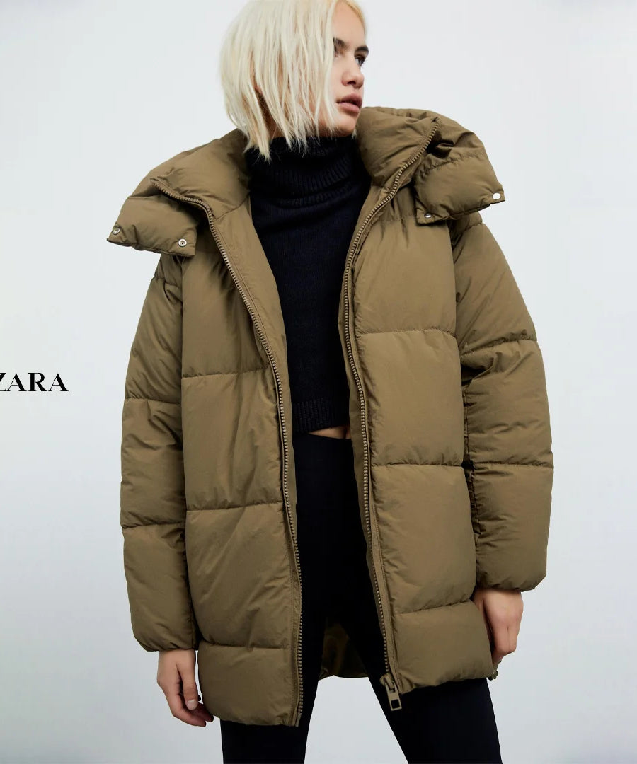 جاكيت نسائي مبطن بقبعة من Zara – بلون تاوب أنيق