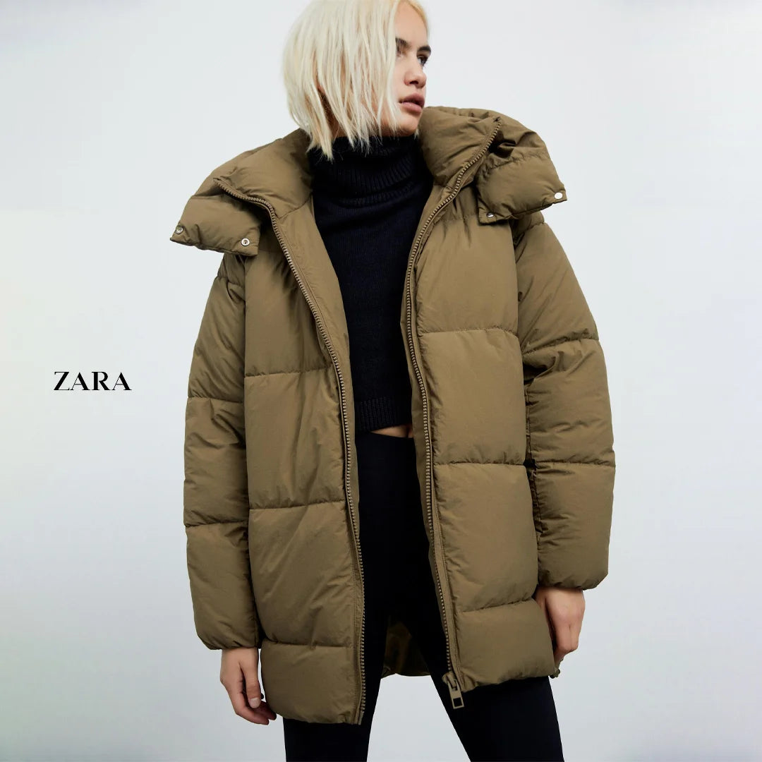جاكيت نسائي مبطن بقبعة من Zara – بلون تاوب أنيق